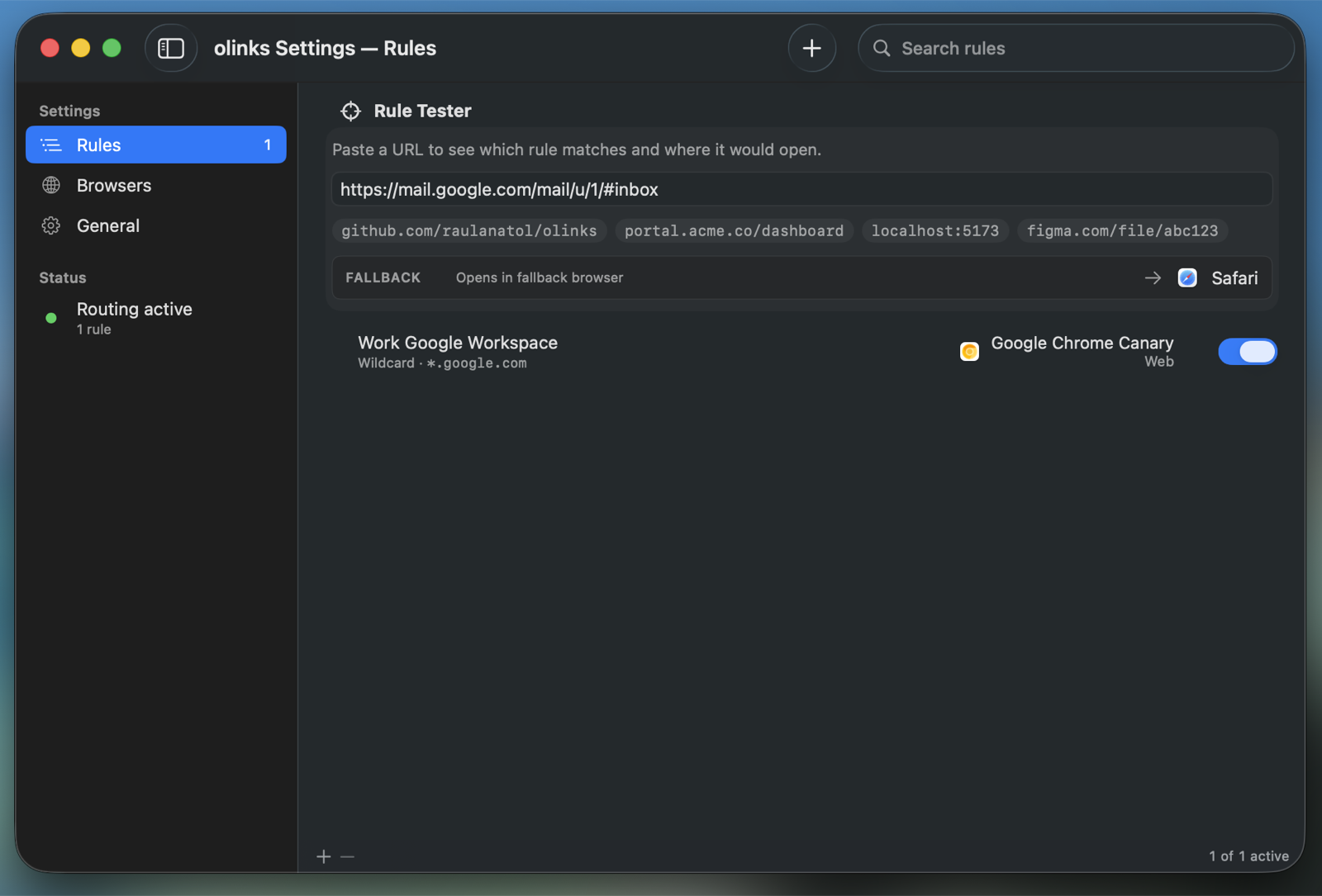 Olinks — Rules list with search and add