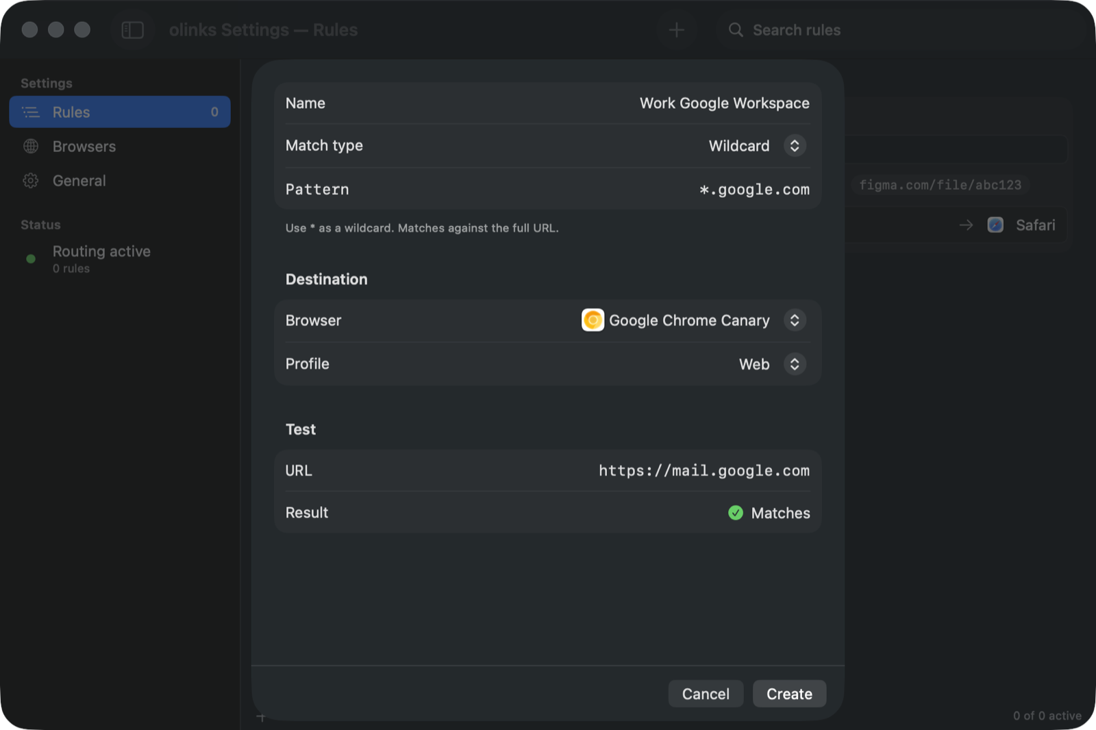 Olinks — Rule editor with match type, destination and URL tester
