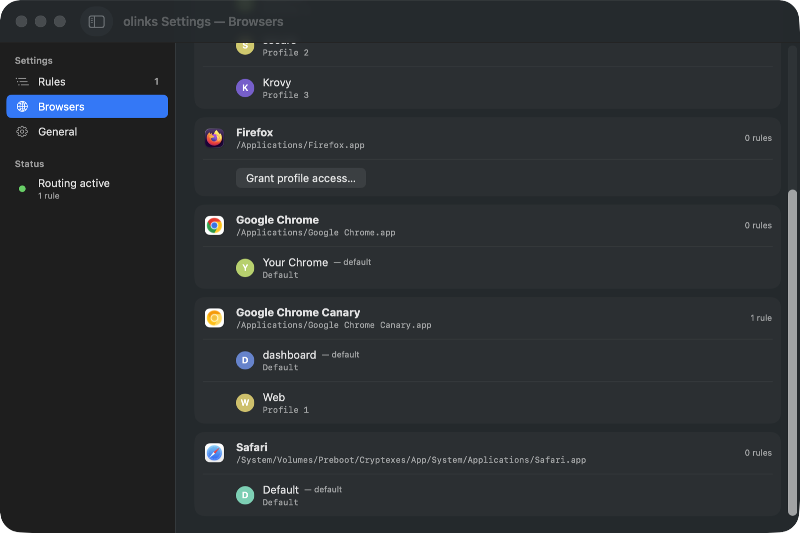 Olinks — Browsers tab showing installed browsers and profiles