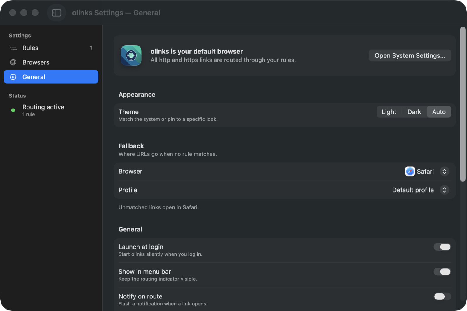 Olinks — General settings tab with theme, fallback browser, and menu bar options